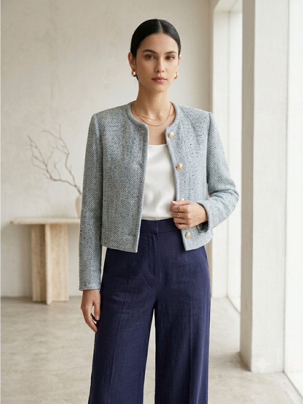 Zara blue & white cotton tweed herringbone blazer jacket - size Small (S) NWT - Picture 2 of 10